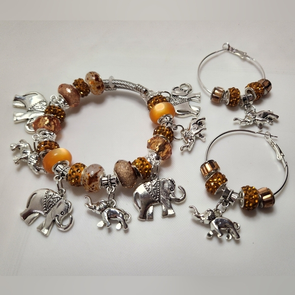 Silver and Brown Elephant Charm Bracelet and Earring Set - Picture 1 of 2